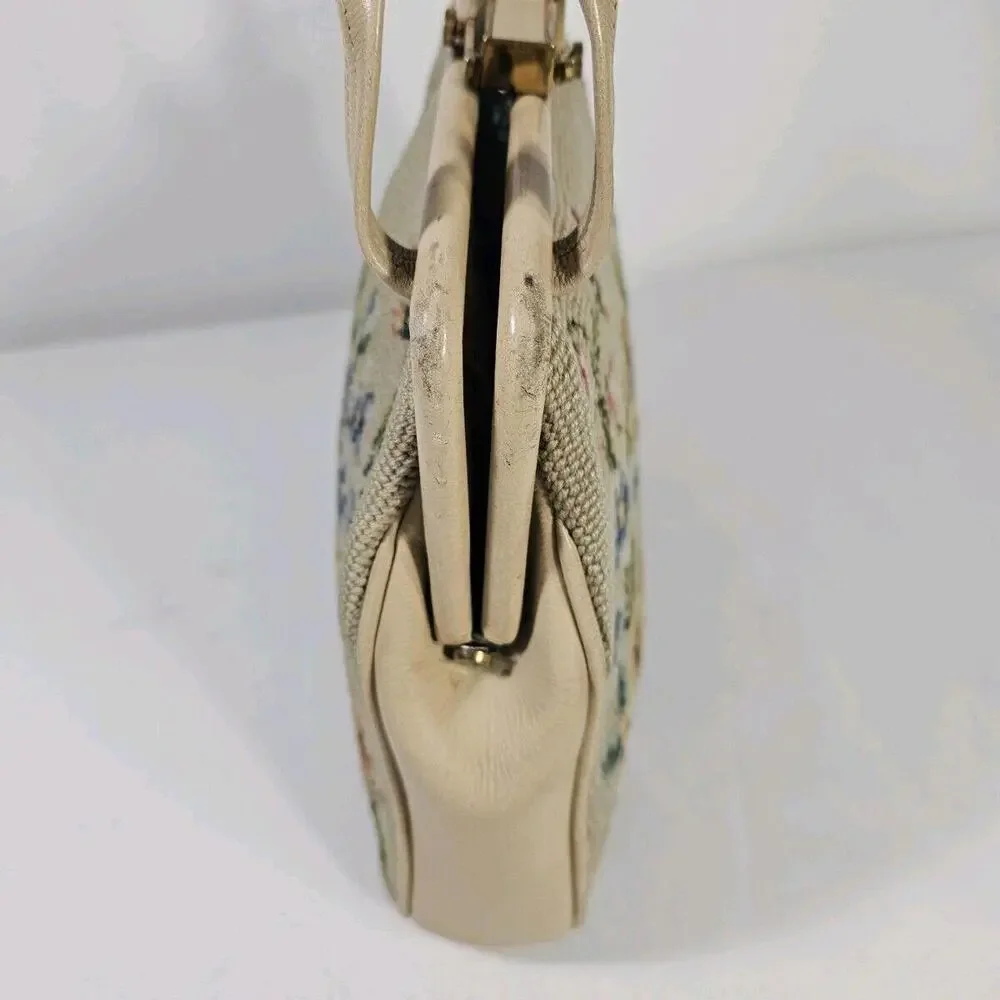 Vintage 1950's Mid Century Needlepoint Floral Purse Handbag Pocket Beige - Picture 2 of 13